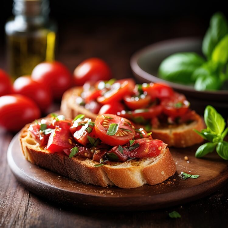 Ingredienti freschi per bruschette al pomodoro e basilico